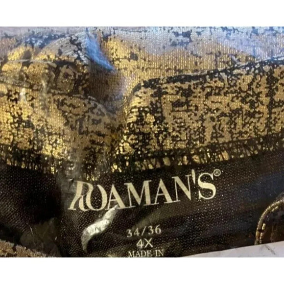 Roaman's + 34/36 Gold & Black Metallic Shiny Finish Caged V- Neck 3/4 Sleeve Top - Picture 7 of 7